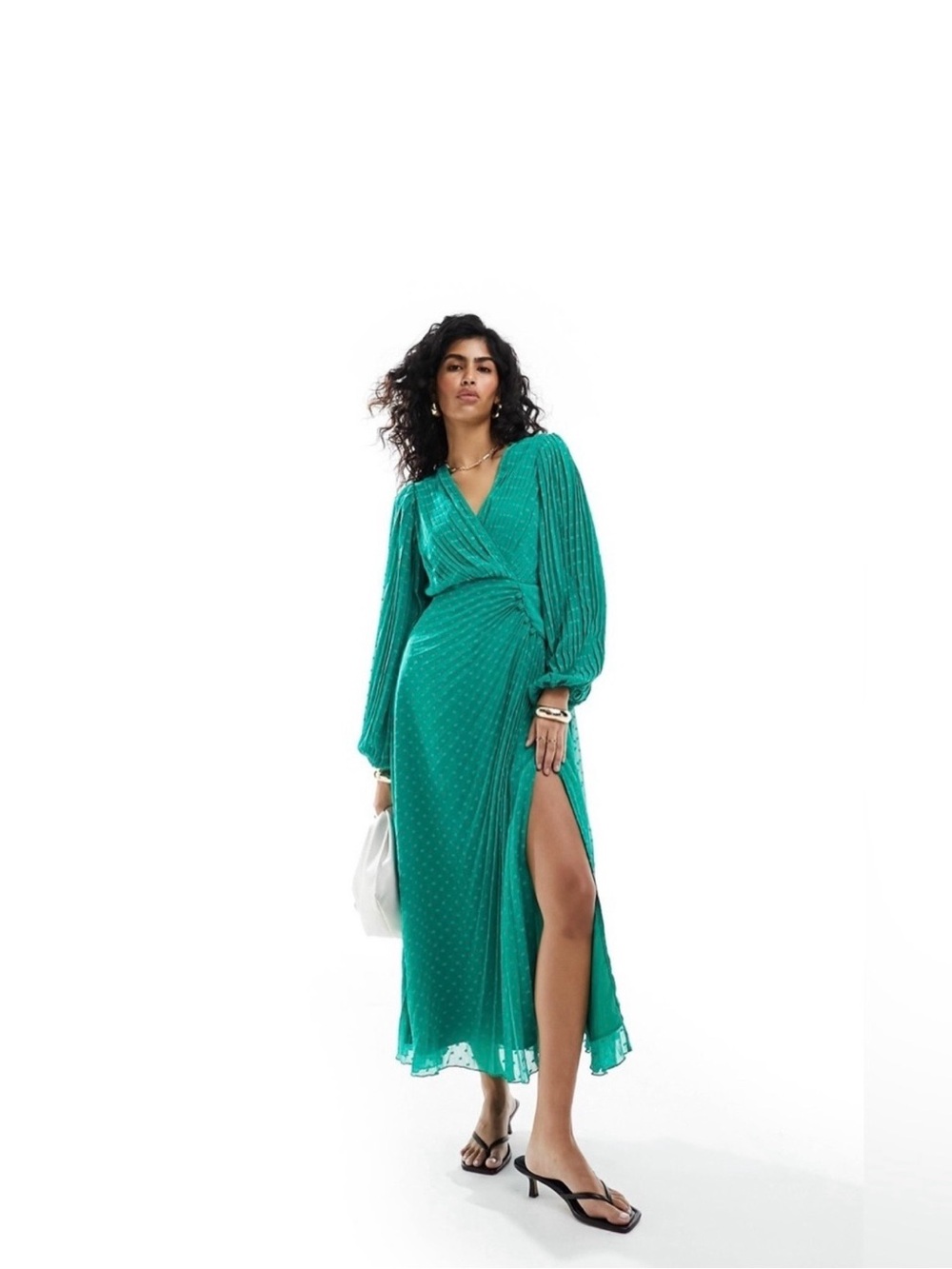 ASOS DESIGN Green Pleated Swiss Dot Chiffon Maxi Dress NWT Size 14